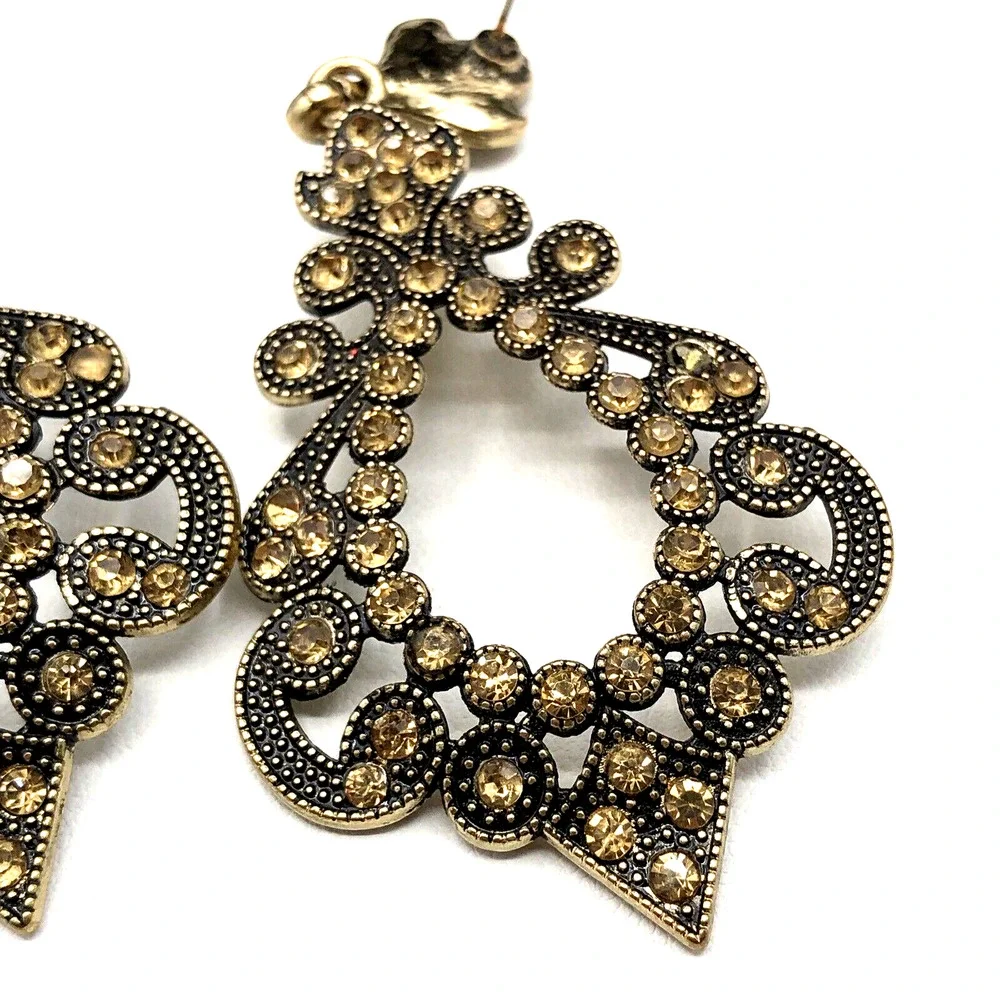 Vintage Rhinestone Earrings Faux Citrine Antiqued Gold Tone Mughal Chandelier‎